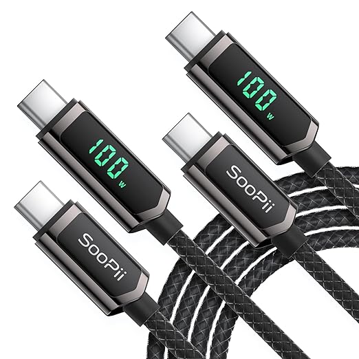 SOOPII USB C to USB C Cable [10FT2-Pack] 100W PD Fast Charging USB C Cable Nylon Braided Type-C Cable with LED Display for lPhone 15/15 Plus MacBook Pro Samsung Galaxy S22/S10 Pixel LG