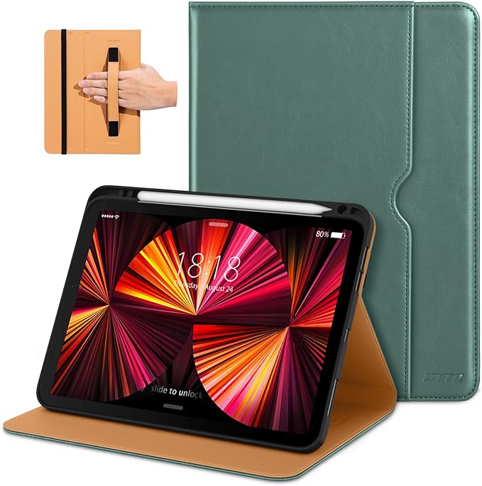 DTTO Case for iPad Pro 11 Inch 4th / 3rd / 2nd / 1st Generation 2022/2021/2020/2018Premium PU Leather Folio Stand Cover with Hand Strap Auto Wake/SleepMultiple Viewing Angles Black