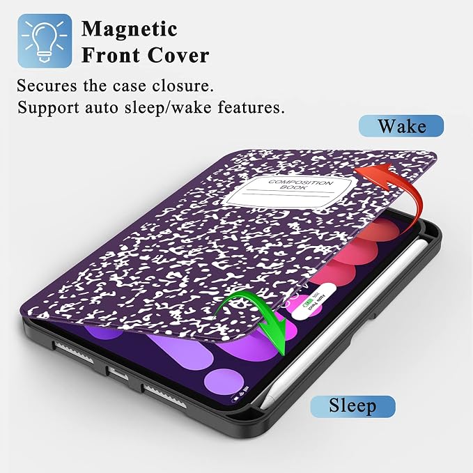 Case for iPad mini 7 (A17 Pro) 2024/Mini 6 2021 8.3-Book Black | Slim Lightweight Folio Stand Case Auto Wake/Sleep Soft TPU Back Cover with Pencil Holder for iPad mini 7th/6th Generation