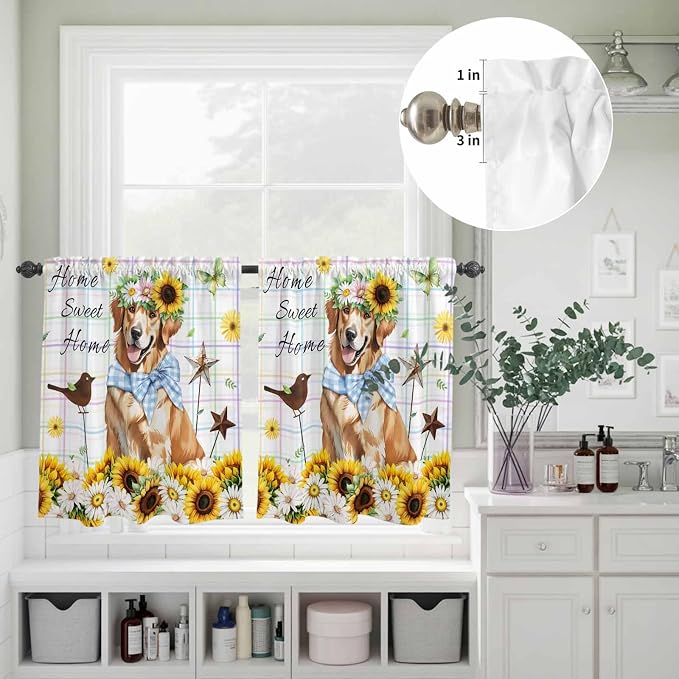 Kitchen Curtains Tiers and Valance Set of 3, Sunflowers Dog Light Filtering