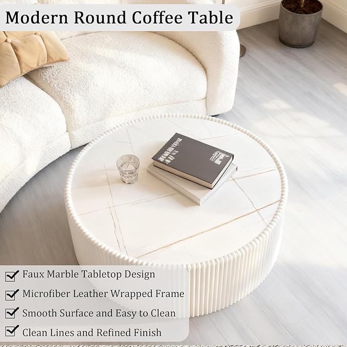 White Round Coffee Table with Sintered Stone Tabletop, 29.52" Drum Coffee Table with Fluted PU Leather Covered and Stable Base, Circle Cocktail Tea Table for Living Room