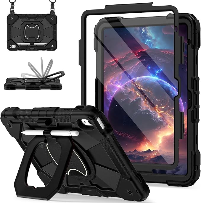 Scnioy Case for iPad (A16) 11th Generation 11 Inch (2025) / iPad 10th Generation Case 10.9 Inch (2022) with 360° Rotating Stand Screen Protector Pen Holder Shoulder Strap Black