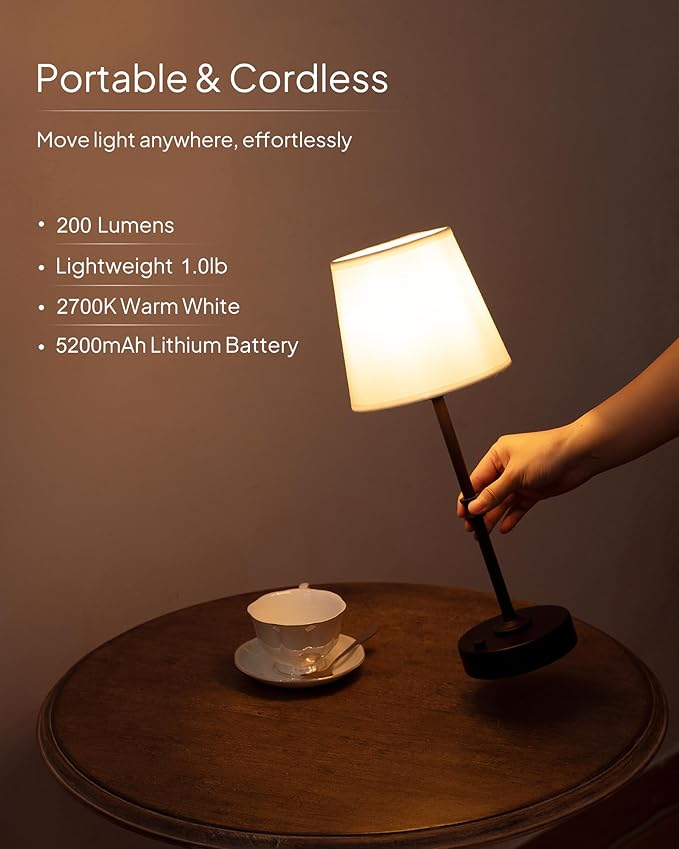 EppieBasic Cordless Table Lamp Rechargeable: Fast Charging & Long Lasting - 2700K Warm Light Vintage Brass Lamps - Dinning Living Room Bedroom - 2 Pack