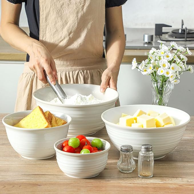 Hasense Porcelain Mixing Bowls, 2.8/2.1/1.0/0.5 Qt, Handmade Large Salad Serving Bowls for Kitchen, Deep Nesting Dishes for Cooking and Baking, Microwave Dishwasher Safe, Clay-Infused White