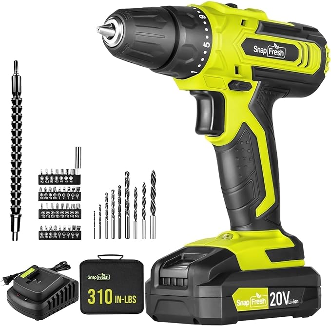 SnapFresh 20V Cordless Drill Set, 3/8" Power Drill with 2 Variable Speed, 21+1 Torque Setting, LED, 43pcs Drill Bits, Impact Driver Kit for Home,DIY-2.0Ah Battery & Fast Charger Included