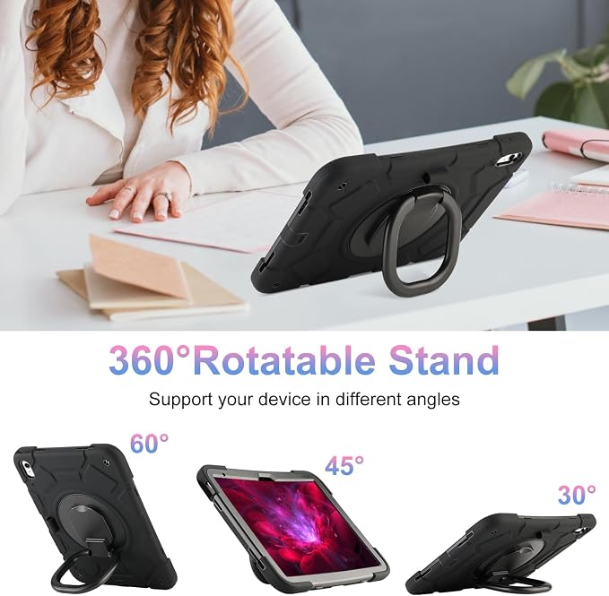 for iPad (A16) 11th Generation case 11''(2025)/10th Generation case 10.9''(2022)360°Rotatable Stand with [Pencil Holder&ampShoulder Strap] Heavy Duty Shockproof Protective Silicone Case (Black)