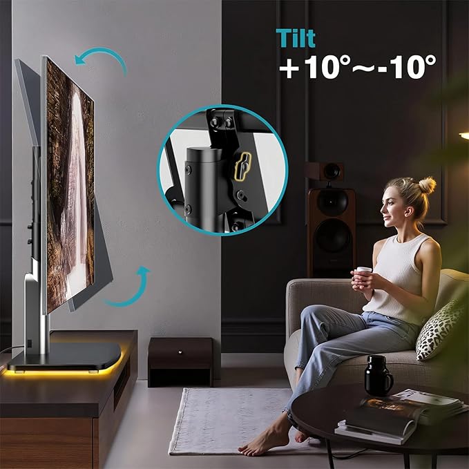 LLDEPLL Universal TV Stand Tabletop TV Mount with Power Outlet for 50-90 Inch OLED LED Monitors, 9 Levels Height Adjustment, Ambient Lighting on The Bottom Holds up to 150lbs, Black 600x400mm