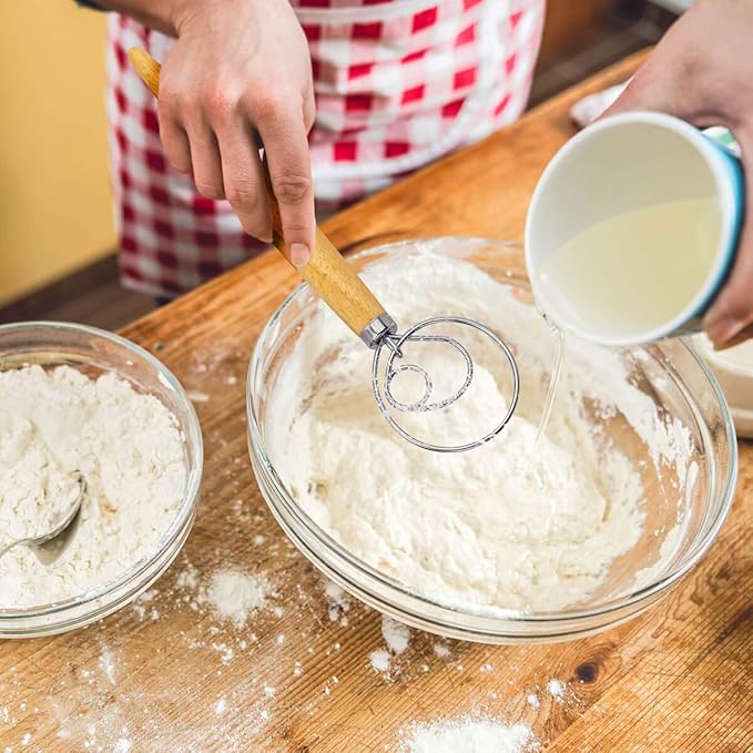 FUANRTK Danish Dough Whisk Bread Mixer 2 Pack | Premium Stainless Steel Dutch Whisk With a Dough Scraper for Bread, Pastry or Pizza Dough - Perfect Baking