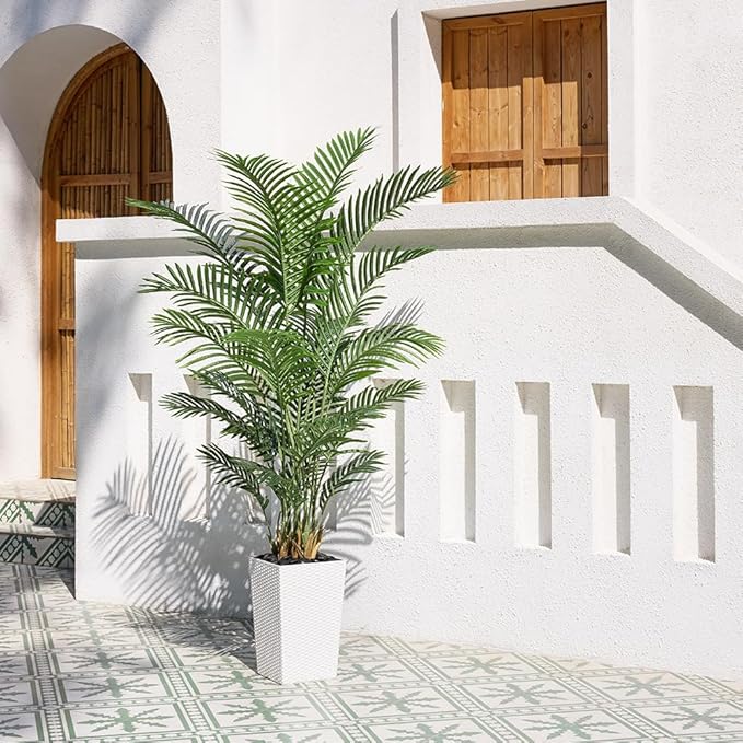 6FT Artificial Palm Tree - Tall Fake Tree with White Taper Planter & Pebbles, UV Resistant for Indoor & Outdoor Decor - Large Potted Faux Plant for Living Room, Office, Home Decor,VN130