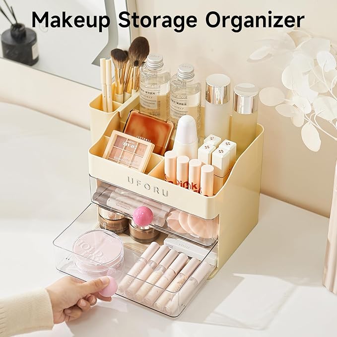 Makeup Organizer for Vanity with Brush Holder, Countertop Organizer with 2 Drawers, Spacious Cosmetic Display Case for Beauty Essential, Skincare, Lipstick
