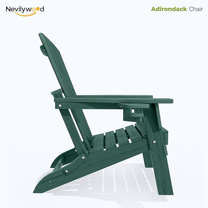 nevilywood Folding Adirondack Chair - Extended Ergonomic Backrest, Cup Holder - Easy Assembly - Durable HDPE Plastic, Weather Resistant & Maintenance-Free - Lawn, Patio, Deck Supports 380lbs Green