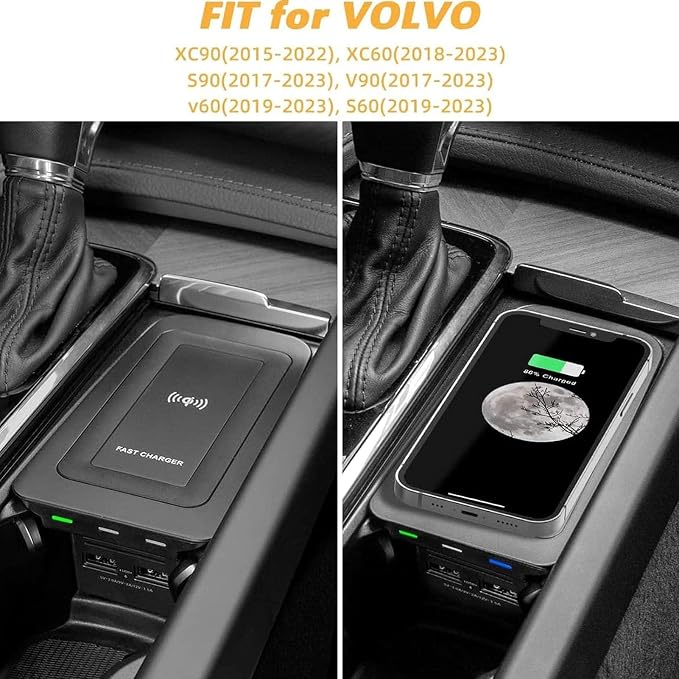 Wireless Phone Charger for Volvo S60 2020–2025 Qi Pad | Qi wireless fast charging Center console integration Dual USB charging ports Active cooling system
