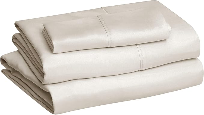 Amazon Basics Lightweight Super Soft Easy Care Wrinkle Free Microfiber 3 Piece Bed Sheet Set with 14-Inch Deep Pockets, Twin, Beige, Solid, Kids, Men & Women Bedding