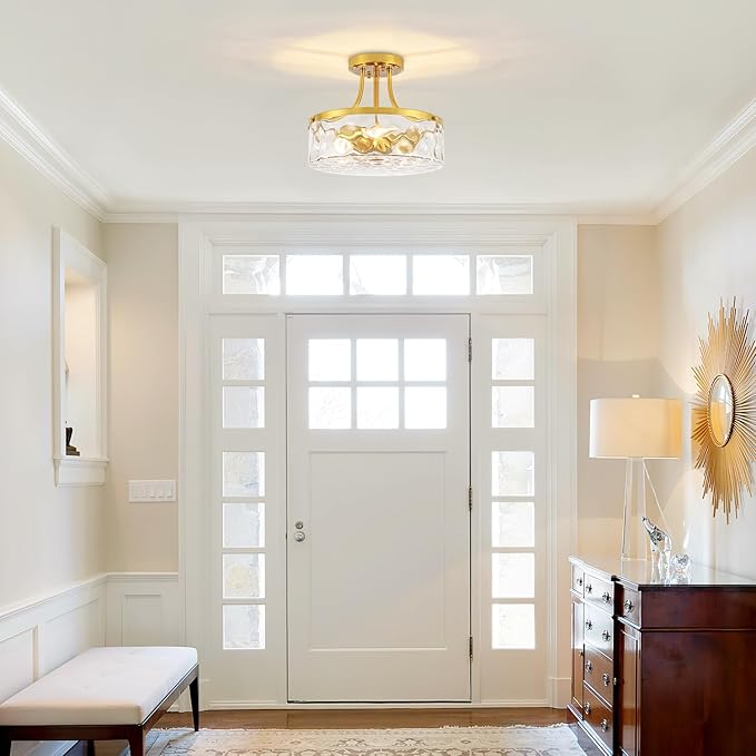 11.81" Modern Gold Semi Flush Mount Ceiling Light, Hammered Glass Hallway Light Fixtures, Entryway Light Fixture, 3-Light Lighting Fixtures for Kitchen Island Dining Room Bedroom Laundry, UL Listed