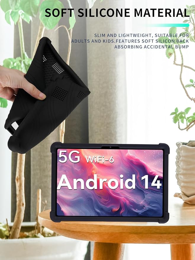 Case for DOMATON D105 Android 14 Tablet 2025 Tablets 10 inch，WUNIAK Shock Proof Lightweight Stand Rubber Shell Protective CoverKids Friendly Soft Silicone Adjustable Stand CoverBlack