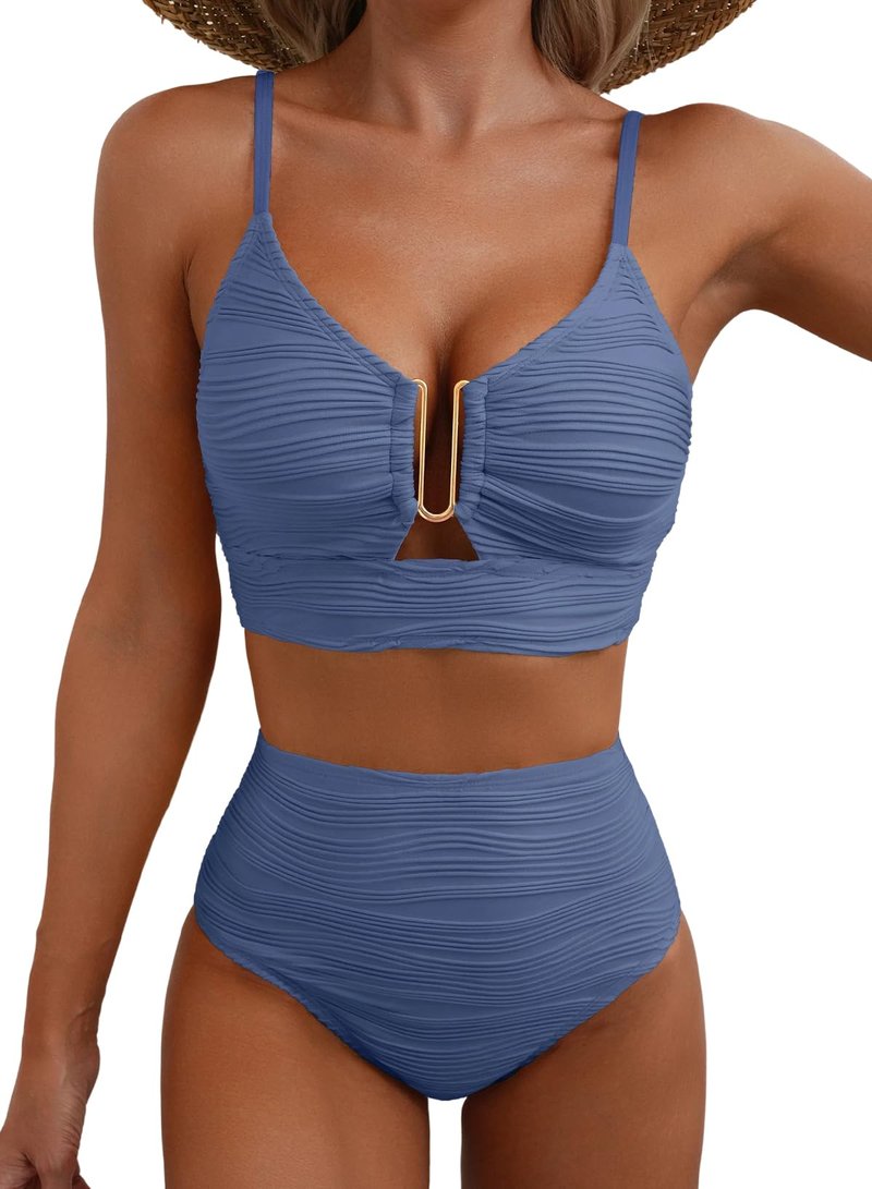 Herseas Women Two Pieces Textured Ruched Bikini Set Push Up V-Wired Cutout Bathing Suits 2026 High Waisted Spaghetti Straps Swim Suit Cute Swimwear for Teens Sky Blue Small