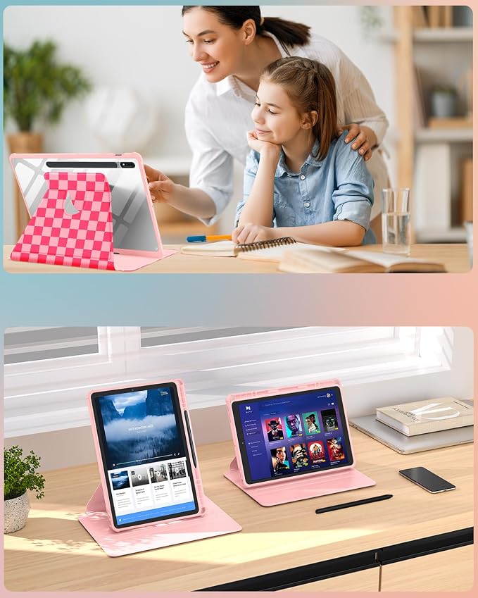 Wazzasoft for Samsung Galaxy Tab S7/S7 Plus/S8 Plus Case - 12.4 Inch Folio Cover with Pencil Holder - Women/Girl Cute Girly Black Flower Unique Design - Rotating Tablet Case