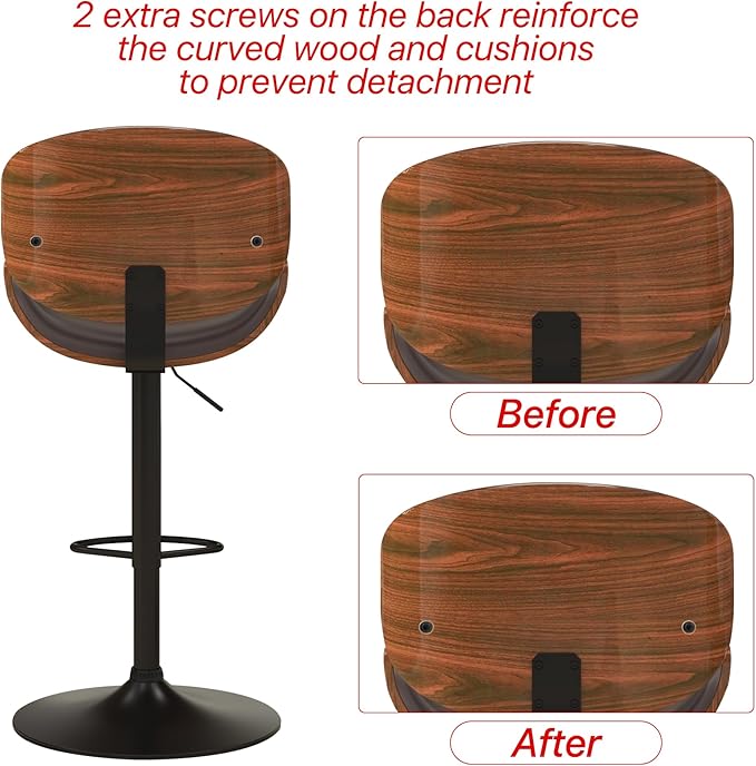 KCC Bar Stools, Swivel Adjustable Height Barstools, PU Leather Upholstered Bar Chairs with Footrest, Bentwood Bar Stool for Kitchen, Bar, Dining Room(Black PU)