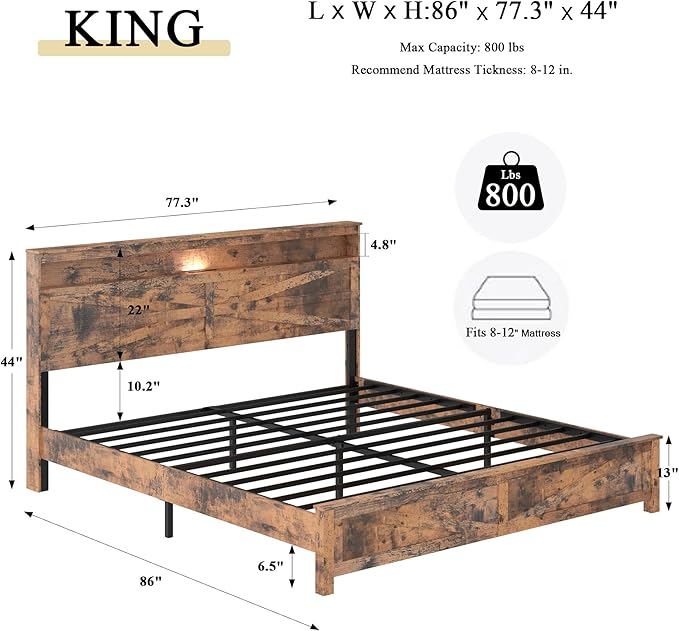 Farmhouse Wooden Bed Frame King Size with Storage Headboard, Boho Platform Bedframe with LED Lights and Charging Station, Metal Slats Support, No Box Spring Needed, Brown