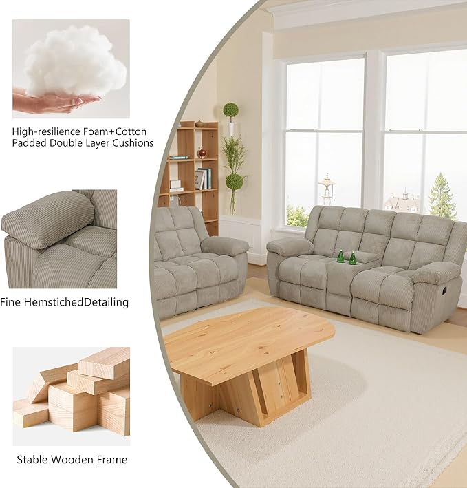 Manual Recliner Sofa Set,Microfiber Reclining Couch Set,Modern Living Room Furniture Set,Reclining Sofa Couch Chair for Living Room Home Office(Beige,Sofa+Loveseat)