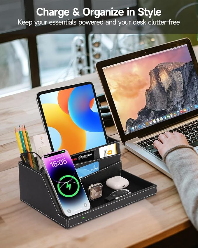 Fast Wireless Charging Station with Desk Organizer for iPhone 17/16/15/15 Pro/14/14 Pro Max/14 Pro/14 Plus/13/13 Pro Max/13 Pro/and iPhone 12/11 Series Nightstand Desktop Organizer for Home Office
