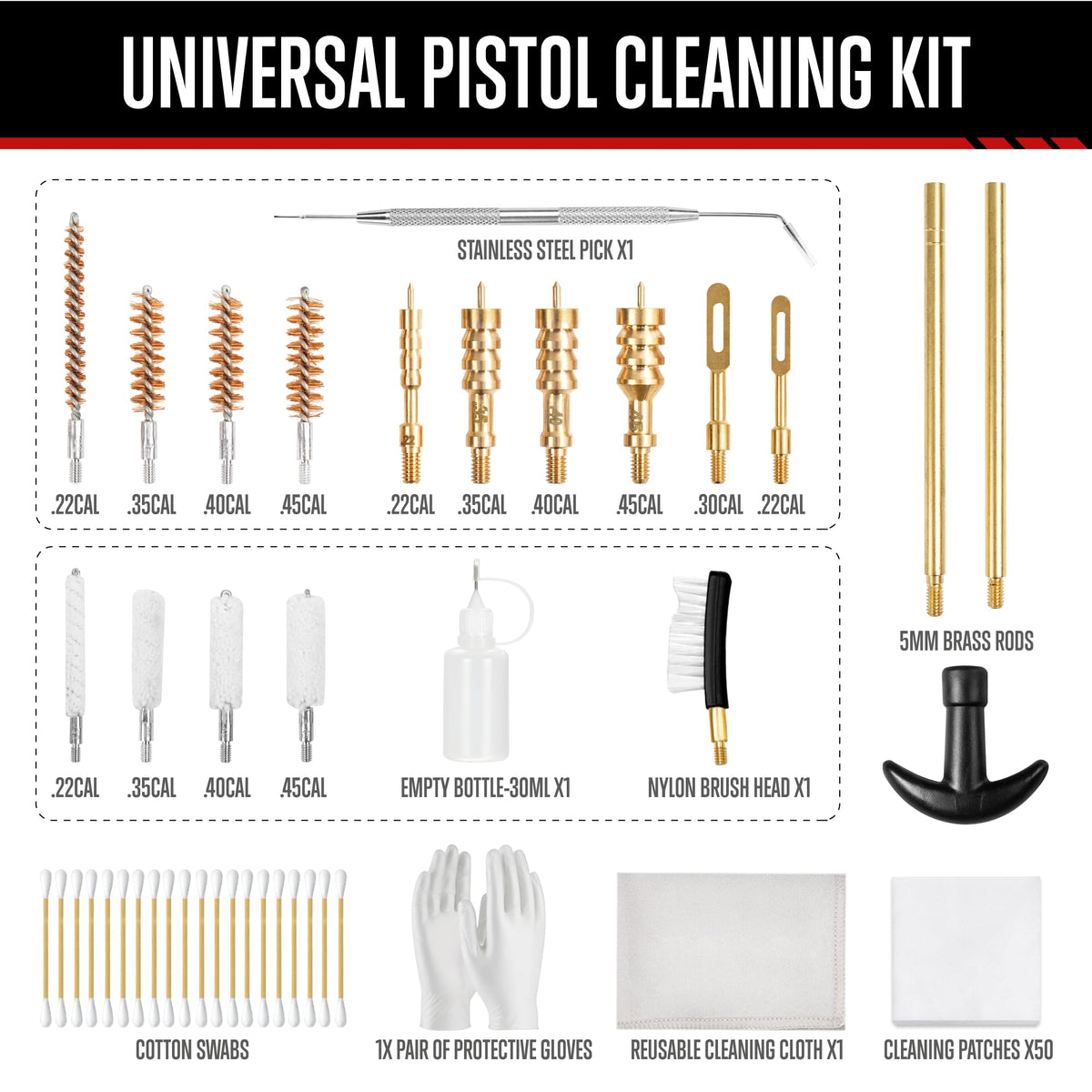 GLORYFIRE Gun Cleaning Kit Fits .22 .357/9mm .38 .40 .45 Cal Handguns & Pistols Compact Carrying Case Multiple Styles with Brass or Plastic Jags & Tips for Shooting and Range (Elite Jet)