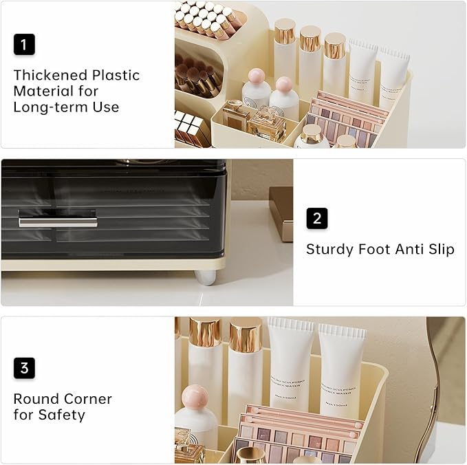 Makeup Organizer for Vanity with Brush Holder, Countertop Organizer with 2 Drawers, Spacious Cosmetic Display Case for Beauty Essential, Skincare, Lipstick