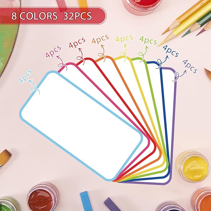 32 Pcs Dry Erase Magnetic Labels, 4.2 x 2.1 Colored Border Reusable Writable Magnetic Name Tags Magnetic Label Stickers for Whiteboard, Refrigerator, Locker Classroom Office Home (8 Colors)
