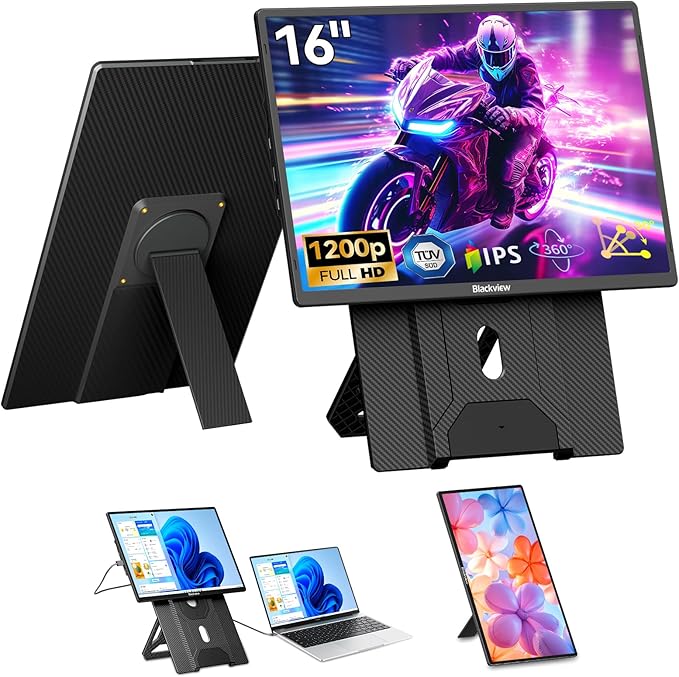 Blackview Laptop Screen Extender, 360° Rotating Detachable Stand/VESA Support, FHD 1200P IPS Portable Monitor, Plug & Play with HDMI/USB-A/Type-C, Compatible Win/Mac/Android