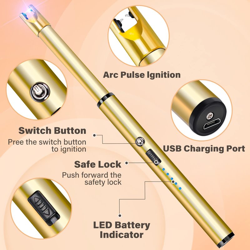 Navpeak Electric Candle Lighter Windproof USB Rechargeable Flameless Long Neck Lighter for Candles Gas Stove Fireplace BBQ Kitchen Grills (Gold)