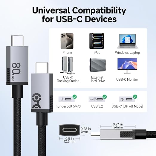 Cable Matters 80Gbps Rugged Braided USB4 Cable 1ft / 0.3m Black | [8K@120Hz / 4K@480Hz Video 240W Charging 80Gbps Data Transfer] Thunderbolt 5/4 Compatible
