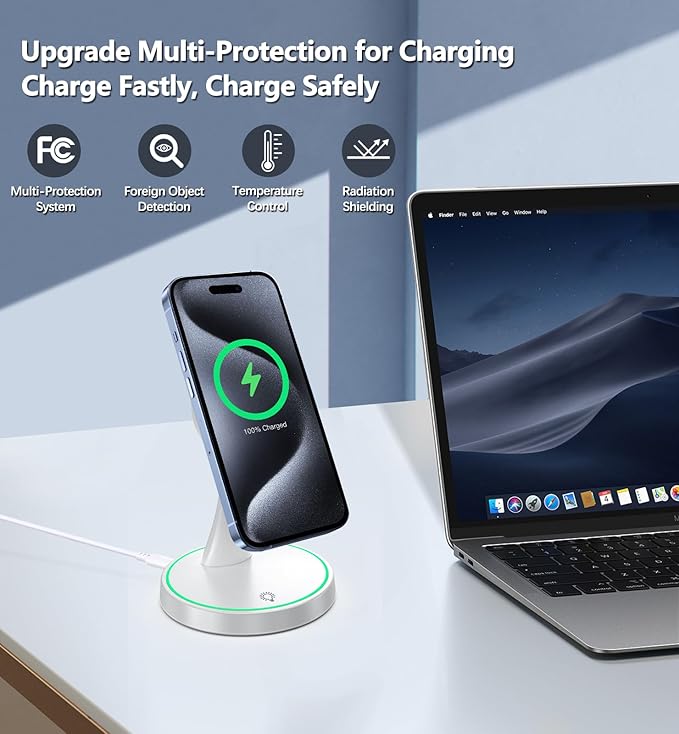 2 Pack Magnetic Wireless Charger Stand 15W Fast Mag-Safe Charger for iPhone 16/16 Pro/16 Plus/16 Pro Max/15/14/13/12 Series Magnet Wireless Charging Station/Pad with Sleep-Friendly Light for AirPods