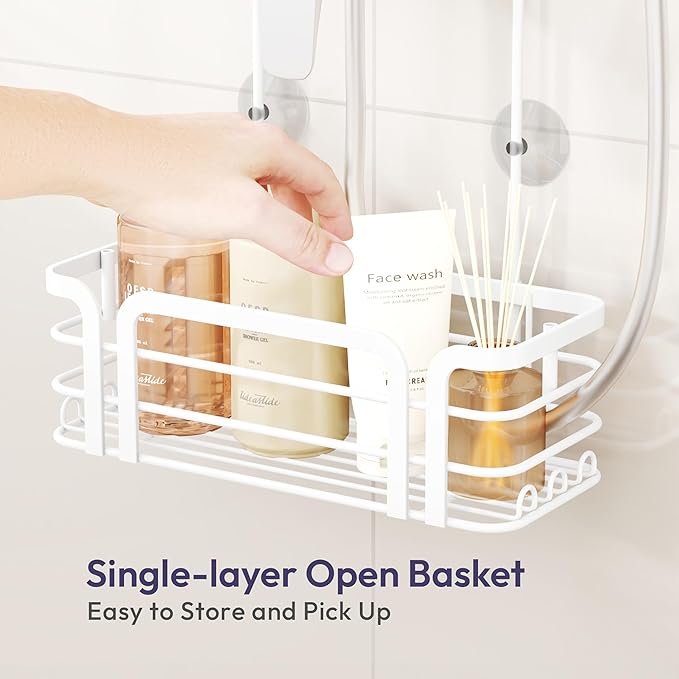 SWTYMIKI Shower Caddy Hanging Organizer - Over the Door Shower Caddy with 6 Hooks, 2 Installation Ways, Stainless Steel Rustproof Bathroom Organizer, White