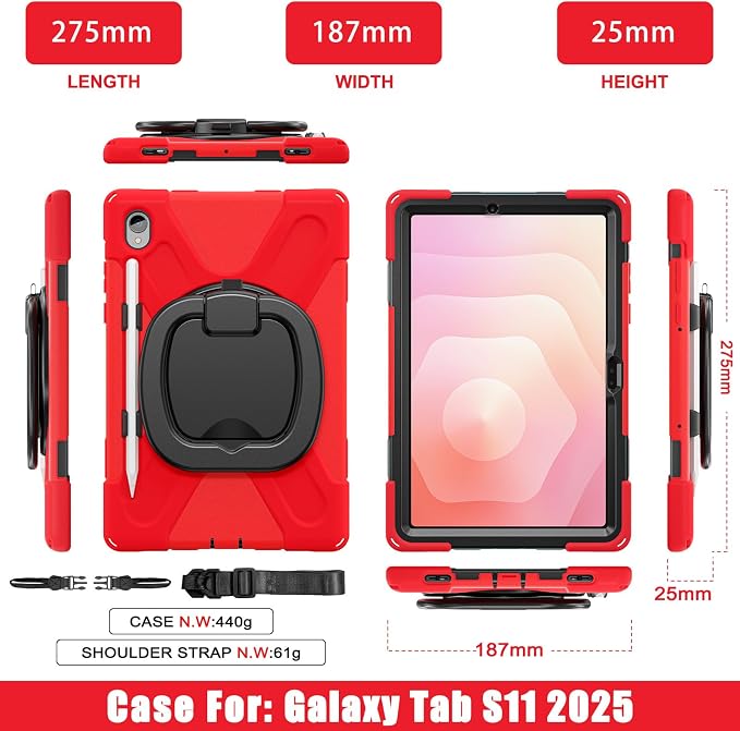 Batianda Heavy Duty Case for Samsung Galaxy Tab S11 2025 11 Inch with 360° Rotating Ring Stand &amp Shoulder Strap Built-in S Pen Holder Shockproof Rugged Multi-Layer Protective Cover Black