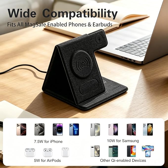 3 in 1 Wireless Charging Station Foldable Wireless Charger Stand for iPhone 15/14/13/12 Apple Watch Series 9/8/7/6/5/4/3/SE AirPods Pro 2/3 Fabric Portable Travel Charger Dock (Black)