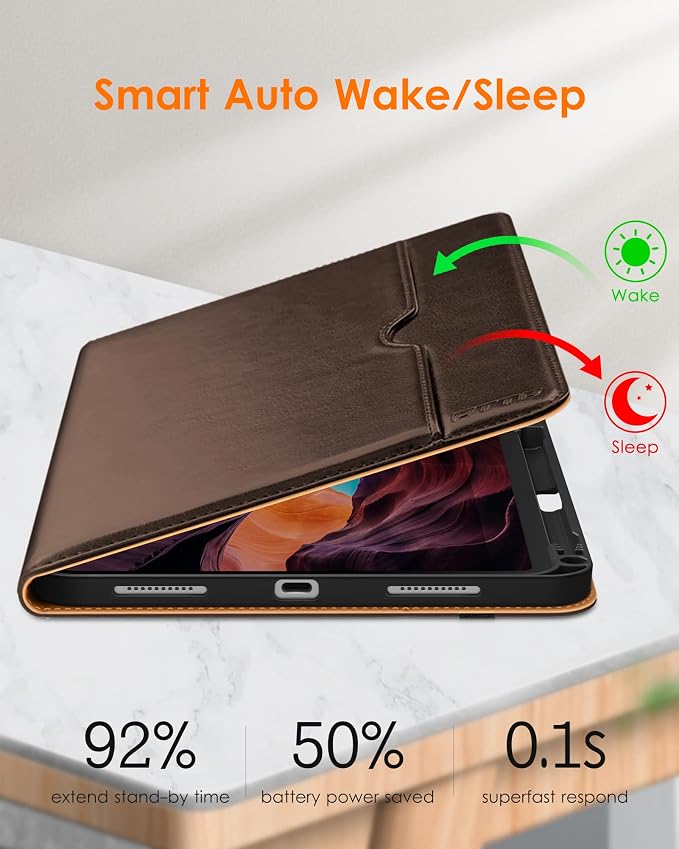 DTTO for iPad (A16) 11th Generation 11-inch &amp 10th Gen Case Brown | Premium Leather Business Cover with Pencil Holder Hand Strap &amp Pocket Corner Protection Auto Sleep/Wake for Work &amp