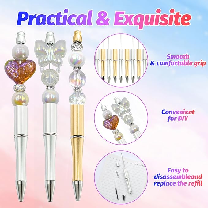300 Pieces DIY Beadable Pen Kit – 100 Plastic Ballpoint Pens with Refills & Bags – School Supplies, Office Accessories & Decorative Items for Students & Teachers (Silver and Gold)