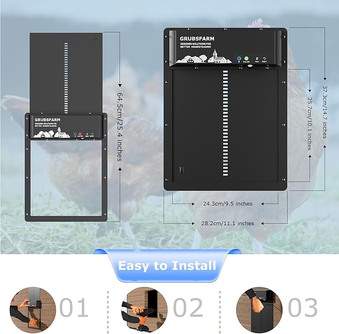 GRUBSFARM Automatic Chicken Coop Door - Programmable with App Timer, Solar/Battery/Grid Powered, Multi Anti-Pinch - Resistance Detection & Motion Sensor, Plug & Play Electric Door, Weatherproof