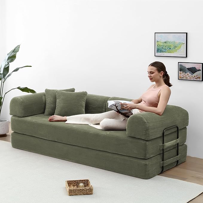 Compression Sofa - 79'' Convertible Sofa Bed, Boneless Couch in a Box, Modular Corduroy Foldable Sleeper Sofa with 2 Pillows, Loveseat Couches for Living Room (Corduroy Fabric, Green)