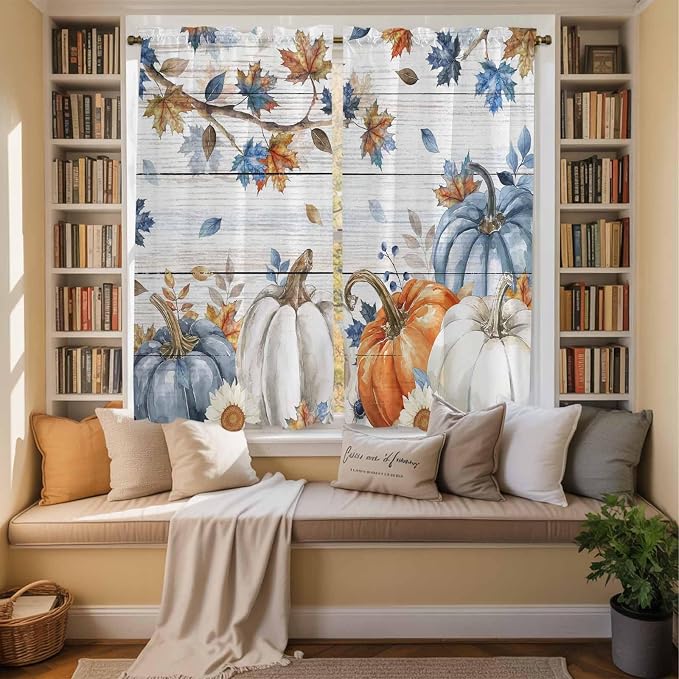 Thanksgiving Pumpkin Window Curtains 63 Inch Long 2 Panel Set, Rod Pocket