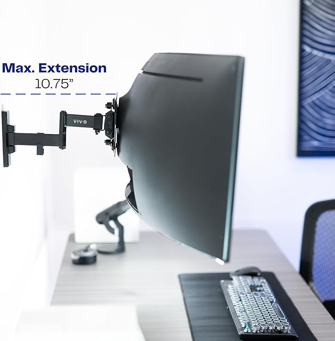 VIVO Full Motion Ultrawide Monitor Wall Mount, Fits Ultra-Wide Screens up to 49 inches and 44 lbs, Wide VESA Range with Tilt and Swivel, Black, MOUNT-VW06