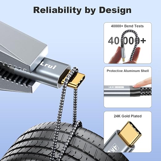 LDLrui 10FT Right Angle USB C Cable 100W PD 20Gbps Data 4K Video | Large Workspaces Commercial Displays Long Distance Routing Flexible Installation Full-Featured USB-C