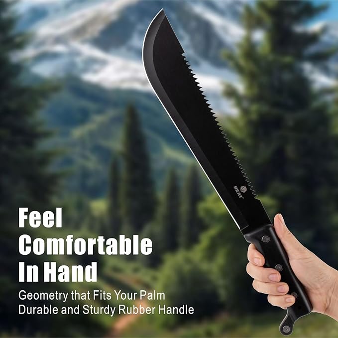 REAT Machete with Saw, 17" Full Tang Fixed Blade Hunting Knife with Sheath, Ergonomic No-Slip Handle,Machetes for Cutting Trees,Yard Work,Bushcraft, Survival