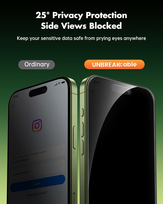 UNBREAKcable Privacy Screen Protector for iPhone 15 (6.1) 25° Anti-Spy Tempered Glass Easy Install Alignment Frame Case-Friendly 9H Hardness Anti-Fingerprint 3-Pack