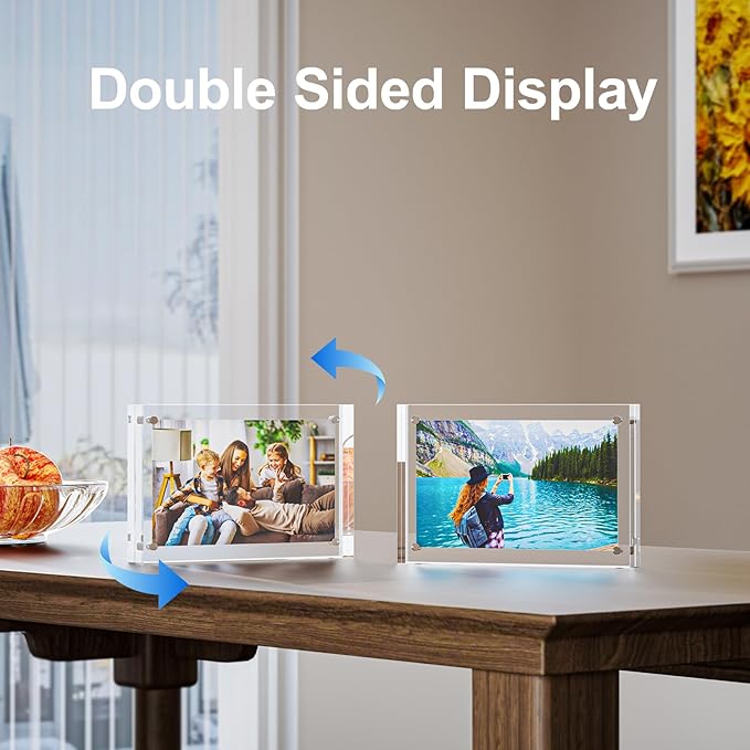 2 Pack 5x7 Acrylic Picture Frames - 20% Thicker Double Sided Magnetic Frame with UV Protection - Freestanding Clear Frameless Display for Tabletops - Modern Photo Frame Set for Home & Office Decor
