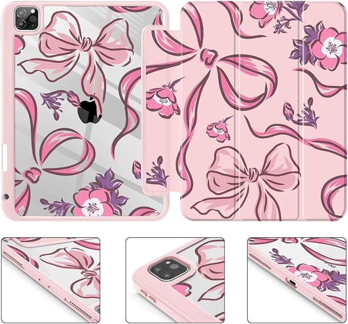 Mektron Case for iPad Pro 11 inch Case M2 2022 Generation 4th Fit 2021 2020 2018 iPad Pro 11 (3rd 2nd &amp 1st Gen) -Buit in Pencil Holder with Shockproof Cover Clear Shell Blue Bows &amp Flower