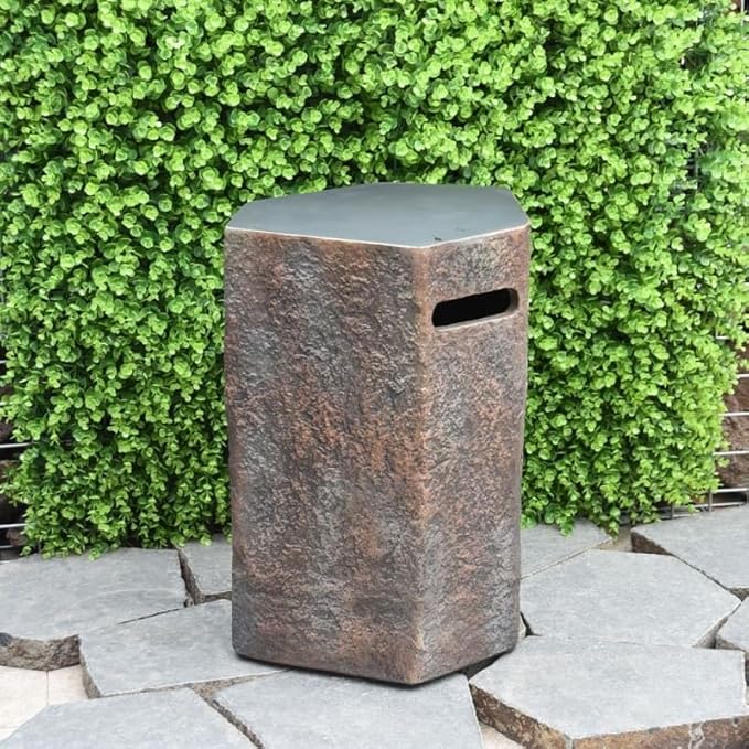 AMS Fireplace | Elementi 20lb Propane Tank Cover (Columbia Style) | High-Performance Cast Concrete, Brown Color, Hexagon Shape, Size - 18.5" x 15" x 24.4" inches | Suited for 20 lb Propane Tank