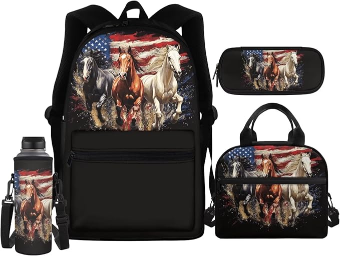 Horse Backpack for Girls Boys Kids with Lunch Box American Flag School Bag Pencil Case Middle School Bookbag Set Elementary Kindergarten Preschool Schoolbag Back Pack
