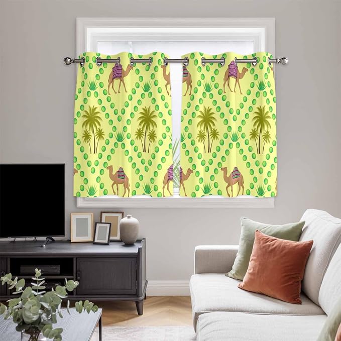 2 Panel Kitchen Cafe Curtains, Desert Sand Camels Sunlight Filtering Nature Air