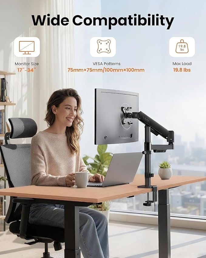 ErGear Single Monitor Arm, Adjustable Desk Gaming Monitor Mount for 13-34″ Screens, Up to 19.8 lbs, Enhanced Stability with Integrated C-Clamp, Upgraded Cable Management, VESA 75x75/100x100mm, Black